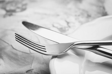 Fork and knife on plate, close up