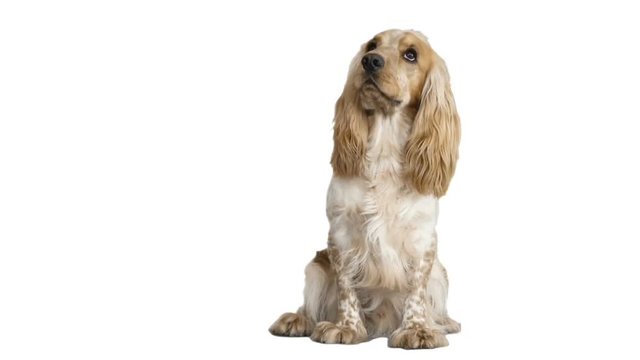 funny spaniel looks around on white background