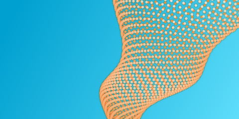 Array of orange paper cut circles with shadows in form of spiral on the blue background. Abstract geometric background. 3d paper cut pieces in from of scales.