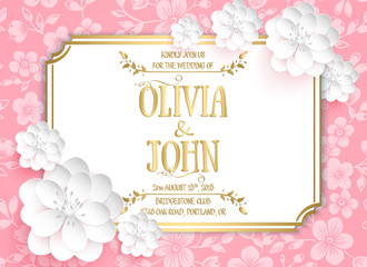 Wedding invitation card. Vector invitation card with sakura flower seamless pattern background and elegant frame with text.