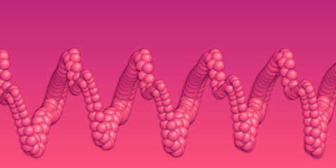 Array of spheres with soft shadows on the crimson background in form of distorted spiral. Abstract background with organic structures.