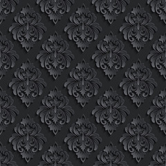 Vector dark damask seamless pattern background. Elegant luxury texture for wallpapers, backgrounds and page fill. 3D elements with shadows and highlights. Paper cut.