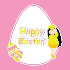 Cute girl and colorful egg on egg frame vector cartoon for Easter postcard, wallpaper, greeting card, vector illustration