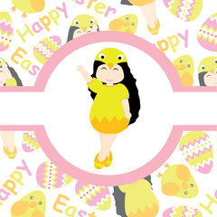 Cute girl wears chick custom on pink circle frame vector cartoon for Easter postcard, wallpaper, greeting card, vector illustration