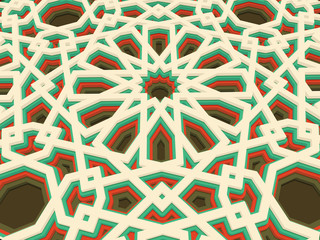 Vector abstract volumetric geometric background. Based on islamic ethnic ornaments. 3d extruded ornament elements. Elegant background for cards, invitations etc.