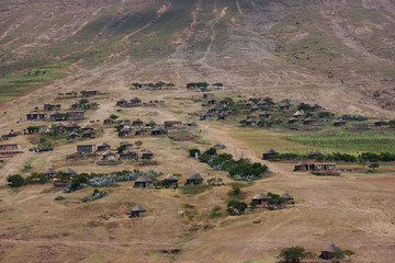 Typical local village in rural between Makunyapane and Linakeng, Lesotho