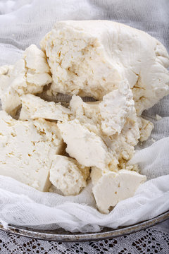 Homemade white brined feta cheese.