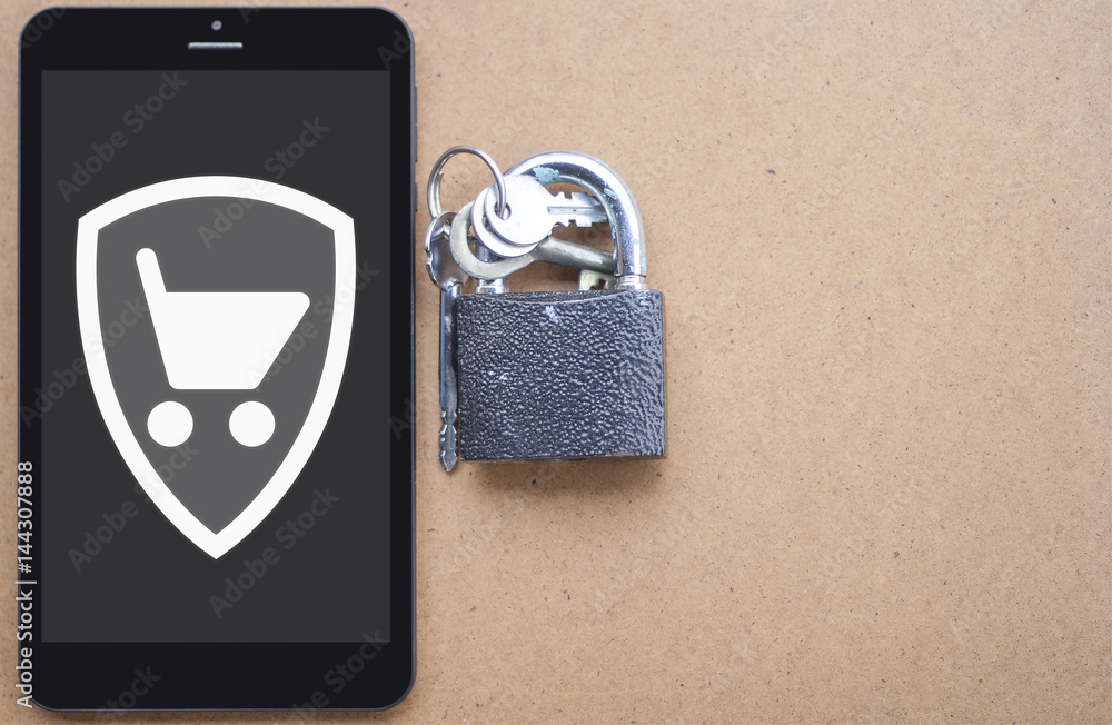 Poster safety online shopping on mobile devices. template for text security internet buy concept. tablet co