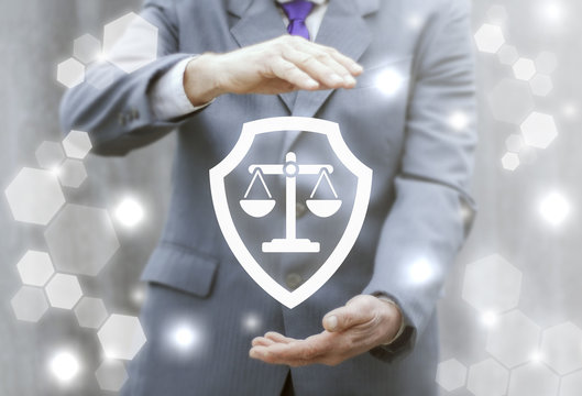 Shield scales justice security business computer web concept. Judicial balance icon safety judge internet court tribunal law protection technology.