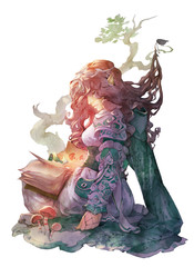 Fototapeta premium Fantasy ilustracja elfów piękna kobieta siedzi z magiczną książką