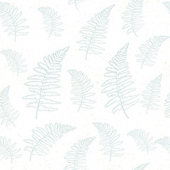 Modern vector floral pattern with hand drawn  fern leaves in light green blue on beige paper texture background. Seamless repeat tile..