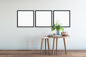 mock up posters in living room interior. Interior scandinavian style. 3d rendering, 3d illustration
