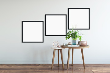 mock up posters in living room interior. Interior scandinavian style. 3d rendering, 3d illustration