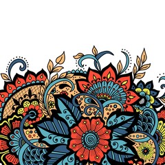 Wedding invitation card with vector abstract floral elements in Indian mehndi style. Abstract henna floral vector illustration. Colorful design element.