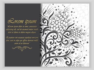 Wedding invitation card with vector abstract floral elements in Indian mehndi style. Abstract henna floral vector illustration. Grayscale design element.