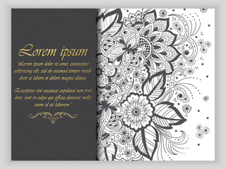 Wedding invitation card with vector abstract floral elements in Indian mehndi style. Abstract henna floral vector illustration. Grayscale design element.