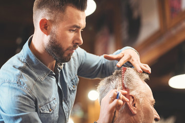 Capable master cutting hair of the client in the barbershop