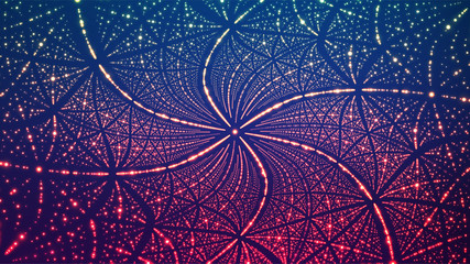 Abstract vector background. Matrix of glowing stars with illusion of depth and perspective. Abstract futuristic space background.