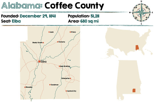 Large and detailed map of Coffee County in Alabama