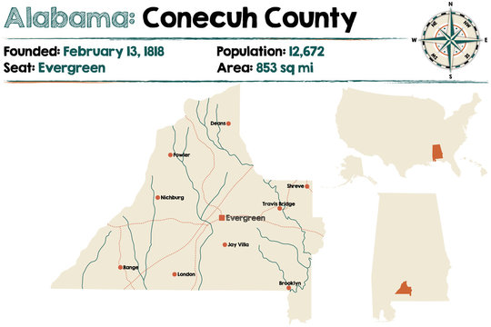 Large and detailed map of Conecuh County in Alabama