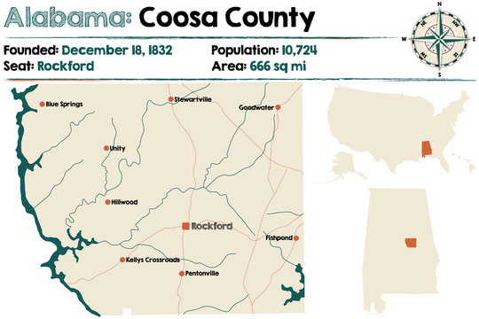 Large and detailed map of Coosa County in Alabama