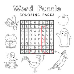 Funny Animals Coloring Book Word Puzzle