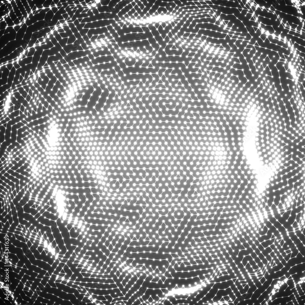 Poster abstract vector distorted monochrome sphere. explosion of sphere with glowing particles. futuristic 