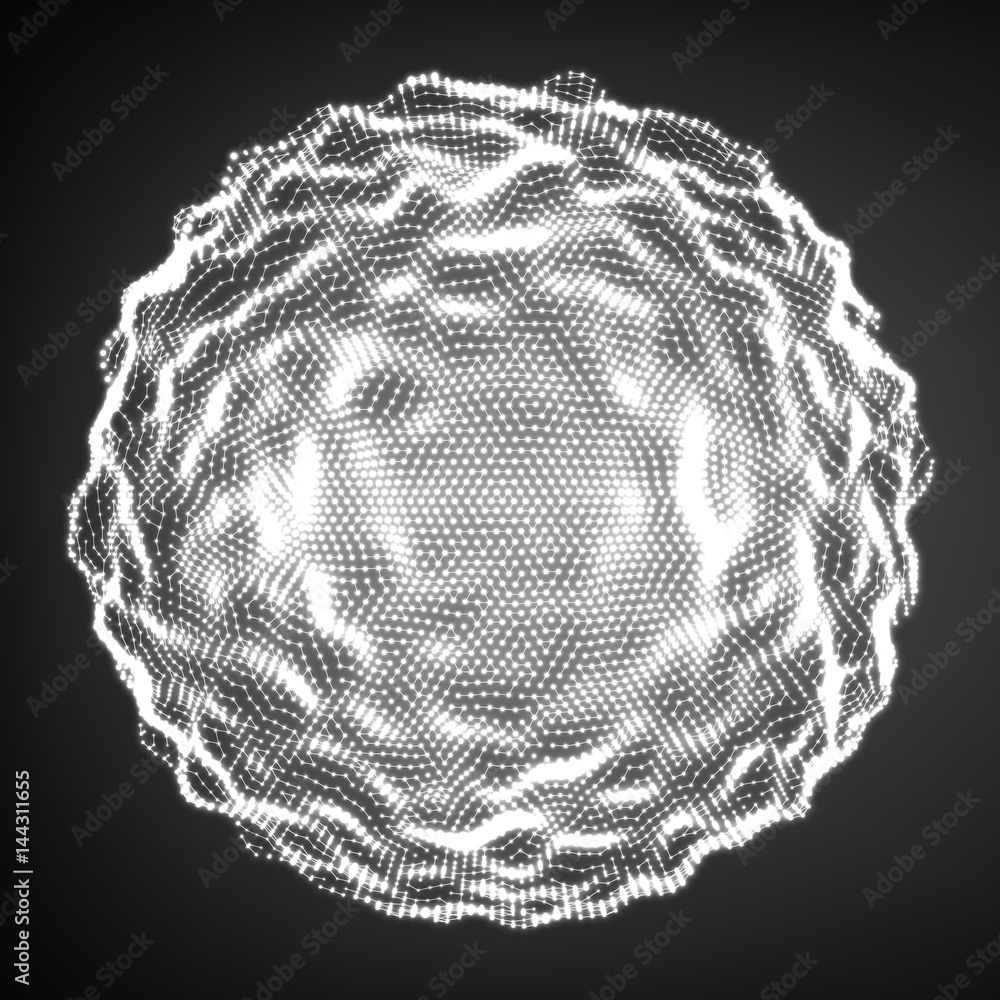 Poster abstract vector distorted monochrome sphere. explosion of sphere with glowing particles. futuristic 