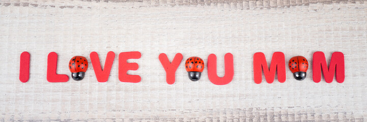 Gruß zum Muttertag, Banner mit den englischen Worten I Love You Mom, und Glückskäfern,...