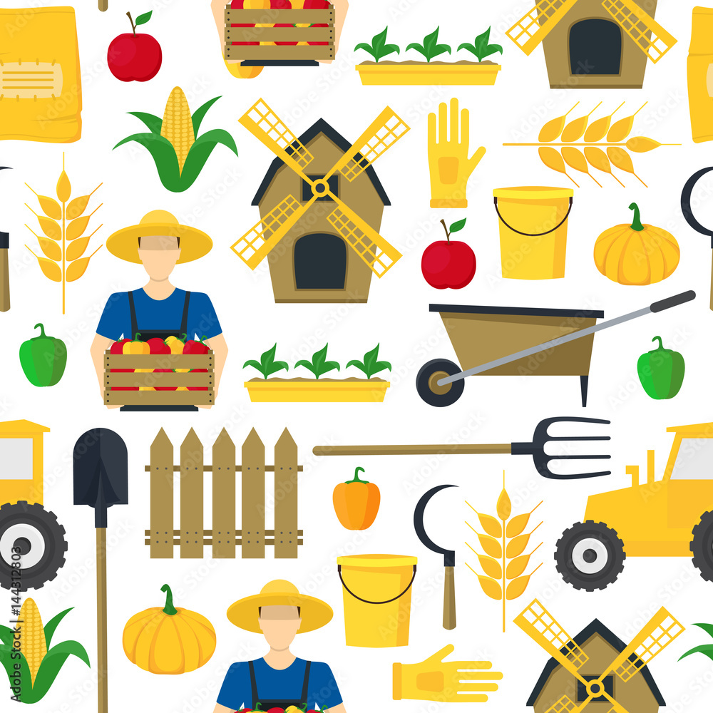 Poster farmer background pattern farming elements and equipment. vector