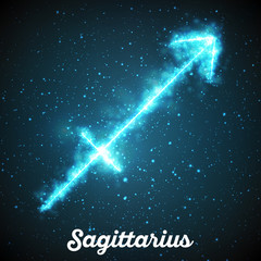 Vector abstract zodiac sign Sagittarius on a dark blue background of the space with shining stars. Nebula in form of Sagittarius. Glowing zodiac sign Sagittarius, The Centaur, Archer