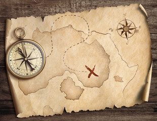 nautical compass on table with old treasure map 3d illustration