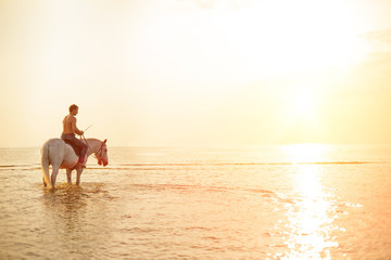 Fototapeta premium Macho man and horse on the background of sky and water. Boy model, cowboy on horseback on the beach by the sea at sunset. Men, backlit in sunshine. A positive summer time scene.