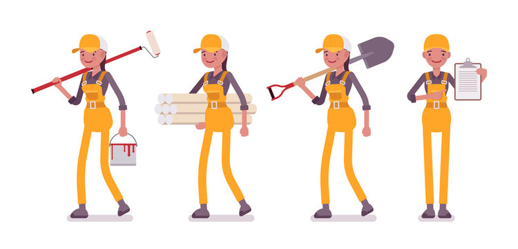 Set of female worker in yellow overall with different tools
