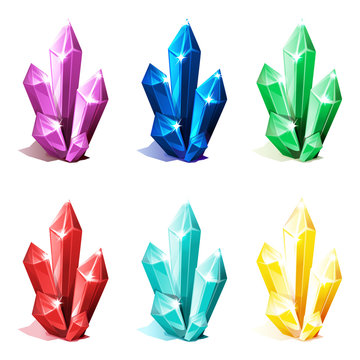 Magic Multi Colored Cave Crystals, Set For Game In Vector