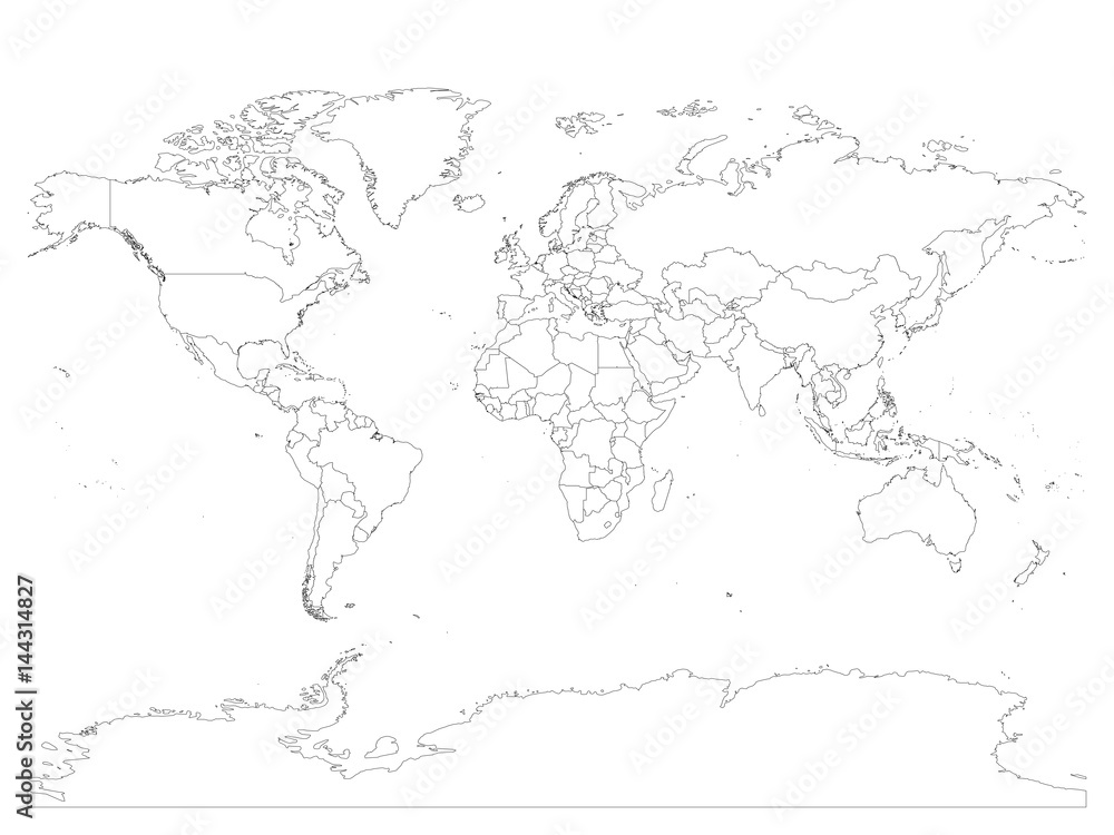 Sticker world map with country borders, thin black outline on white background. simple high detail line vect - Stickers