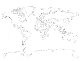 Naklejka premium World map with country borders, thin black outline on white background. Simple high detail line vector wireframe.