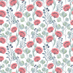 Fototapeta na wymiar Colorful seamless floral watercolor illustration. Vintage hand drawn flowers on a white background.