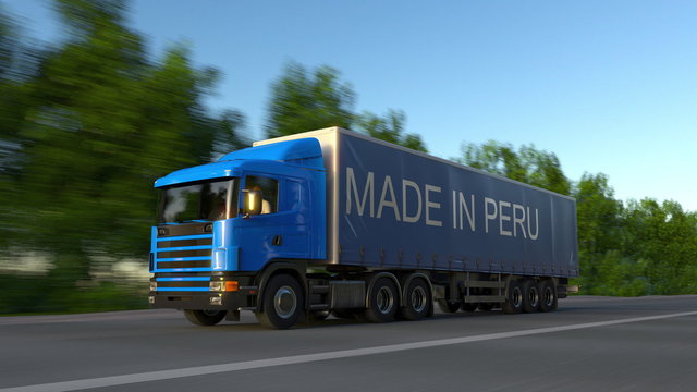Speeding freight semi truck with MADE IN PERU caption on the trailer. Road cargo transportation. 3D rendering