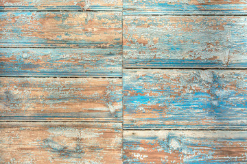 The old wooden background painted with blue paint. Plank wood texture. For design. The horizontal pattern has a lot of space for text.