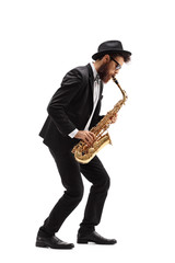Bearded man playing a saxophone