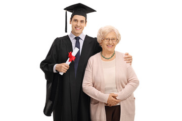 Graduate student and his grandmother looking at the camera