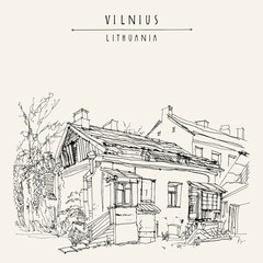Old house in Vilnius, Lithuania, Europe. Hand drawn vintage travel postcard