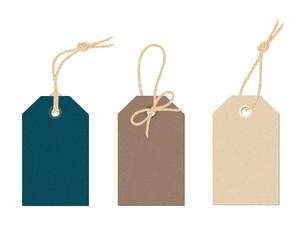 A set of vector carton tags with various linen string tying. Color label cards tied with knots and bow of realistic linen material cord illustration. - obrazy, fototapety, plakaty