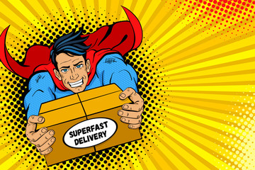 Pop art superhero. Young handsome happy man in a superhero costume flies holding big box with super fast delivery text. Vector illustration in retro pop art comic style. Delivery poster template. - obrazy, fototapety, plakaty