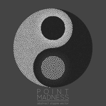 Vector illustration of abstract dotted symbol Yin Yang. Sacred geometry sign made in stippling technique. Isolated halftone symbol. Pointillism.