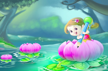 Obraz na płótnie Canvas girl under a lotus flower