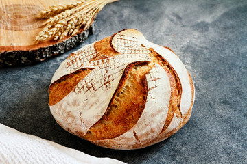 Homemade beautiful loaf of bread and ears of wheat on grey background. Selective focus and space for text