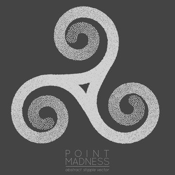 Vector illustration of abstract dotted symbol triskelion. Celtic sacred geometry sign made in stippling technique. Isolated halftone symbol. Pointillism. Three interlocked spirals.