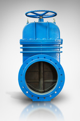 On a white background with reflection blue metal shut-off valve for gas pipelines. Sliding knife...